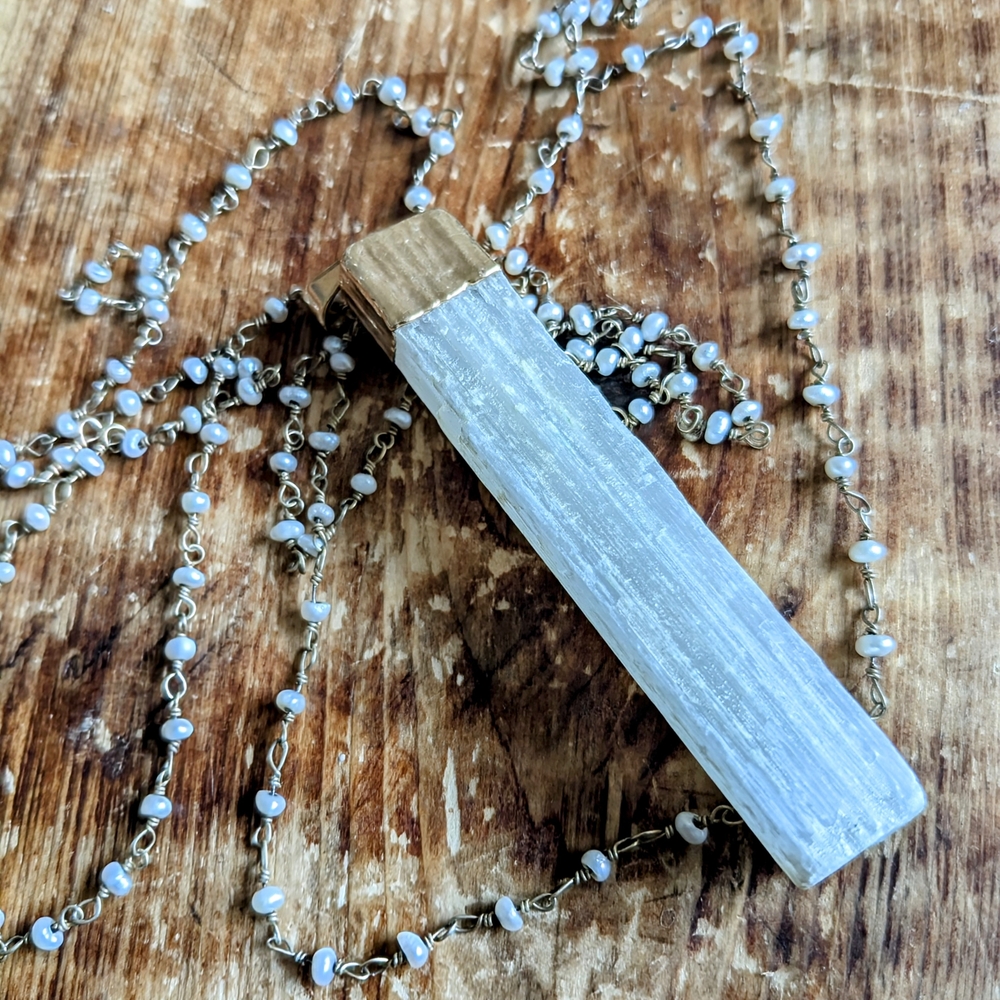Fresh Pearl + Selenite Gold Capped Minimalist Boho Necklace